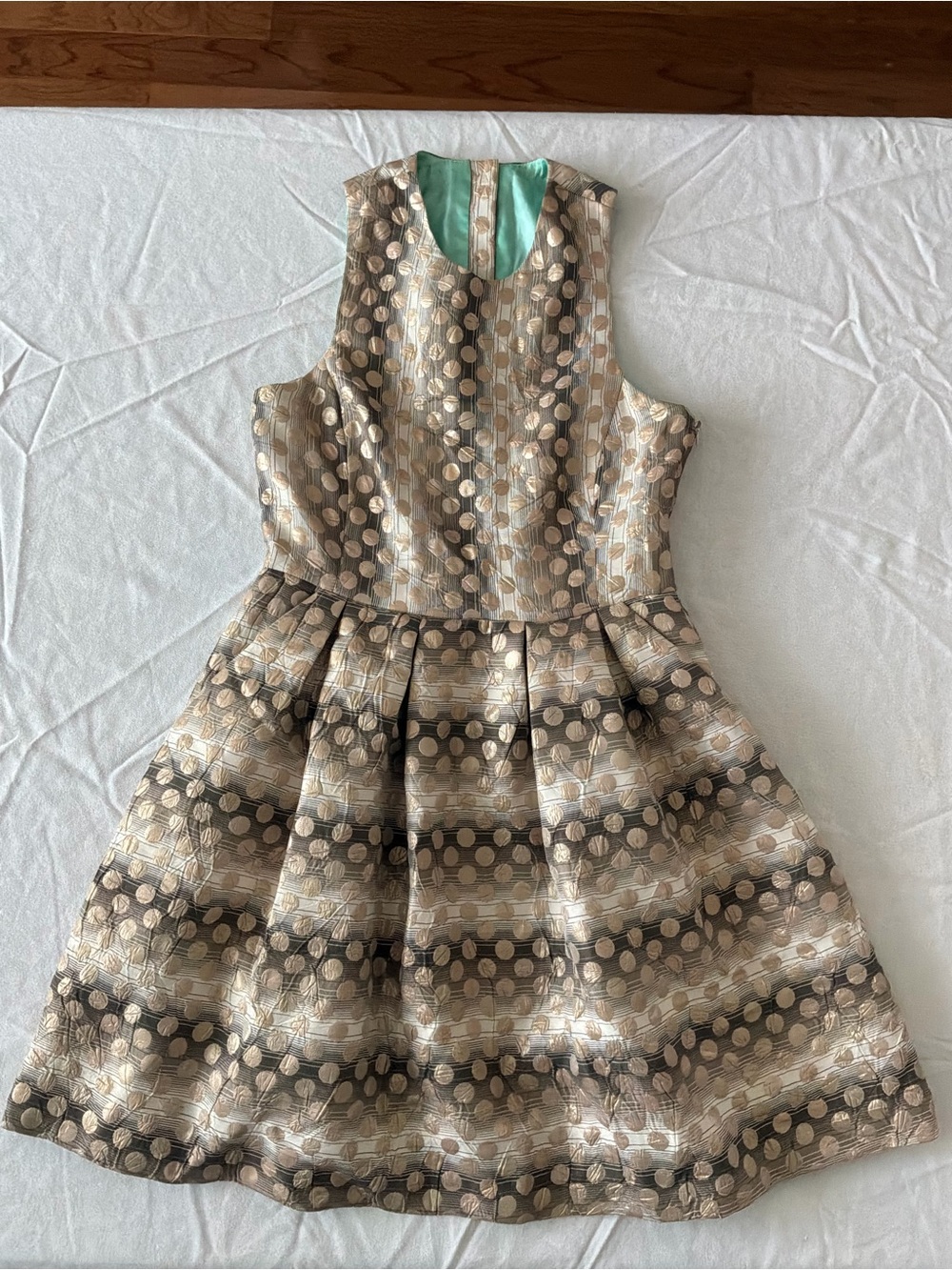 ******* Sleeveless Metallic Dot-Pattern Midi Dress in Gold and Taupe b6 *******